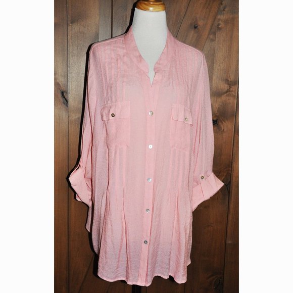 Ruby Red Woman Pale Peach 3/4 Length Sleeve Button Down Blouse Size 2X - Picture 1 of 7